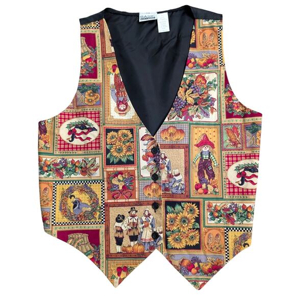 Vintage 90s Fall Patchwork Print Tailored Vest Men Medium Folk Art Indie Retro - Picture 1 of 5
